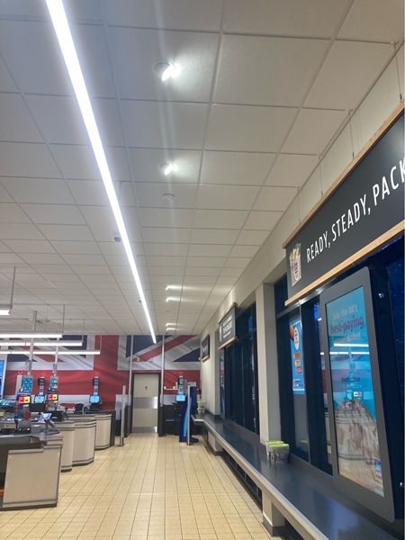 Completed lighting repairs above the packing bench at Aldi New Oscott